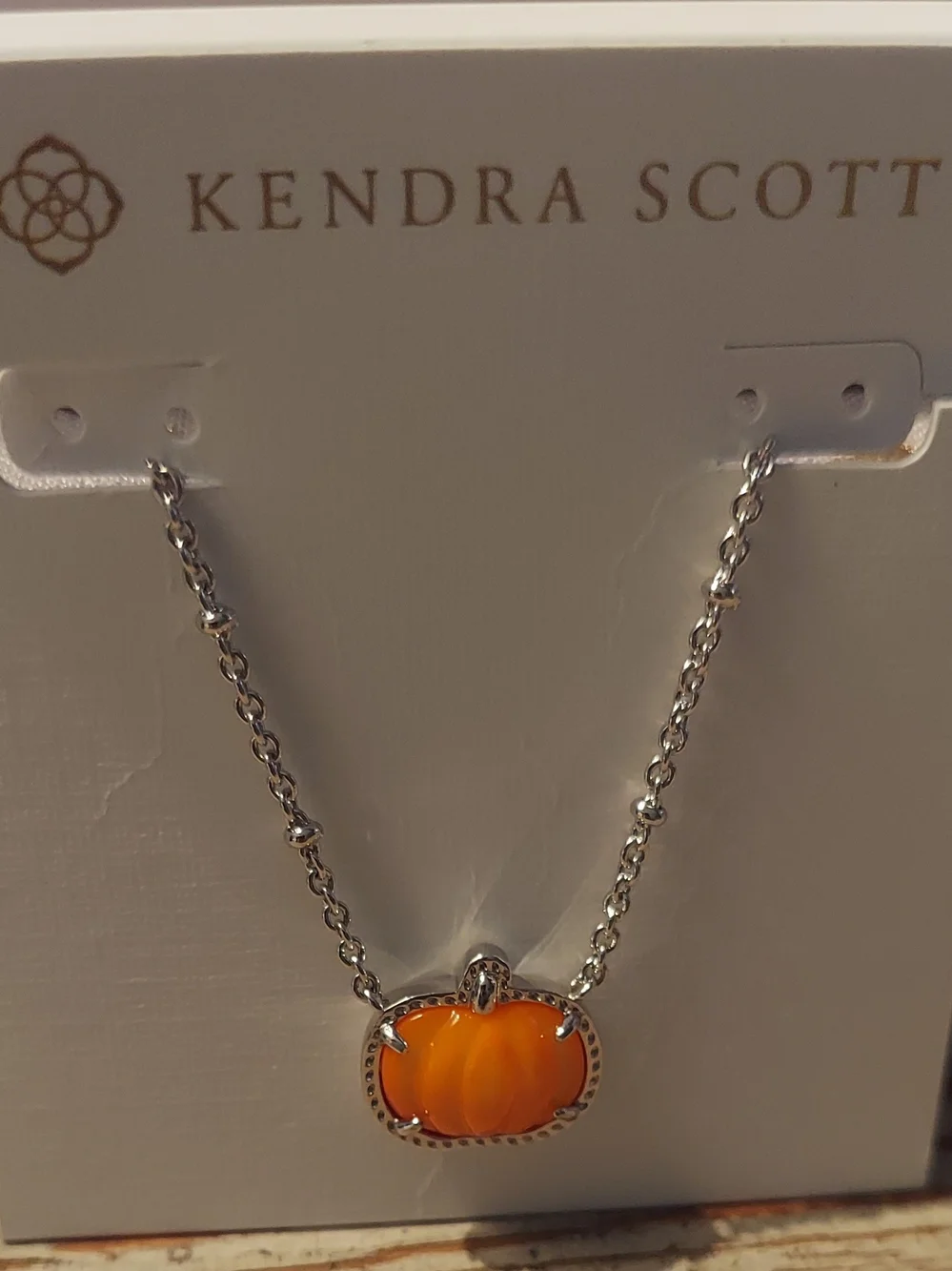 Kendra Scott Silver Necklace with Bright Orange Pumpkin Pendant